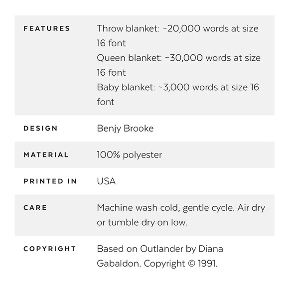 Outlander by Diana Gabaldon Book Script on Blanket - Picture 3 of 3